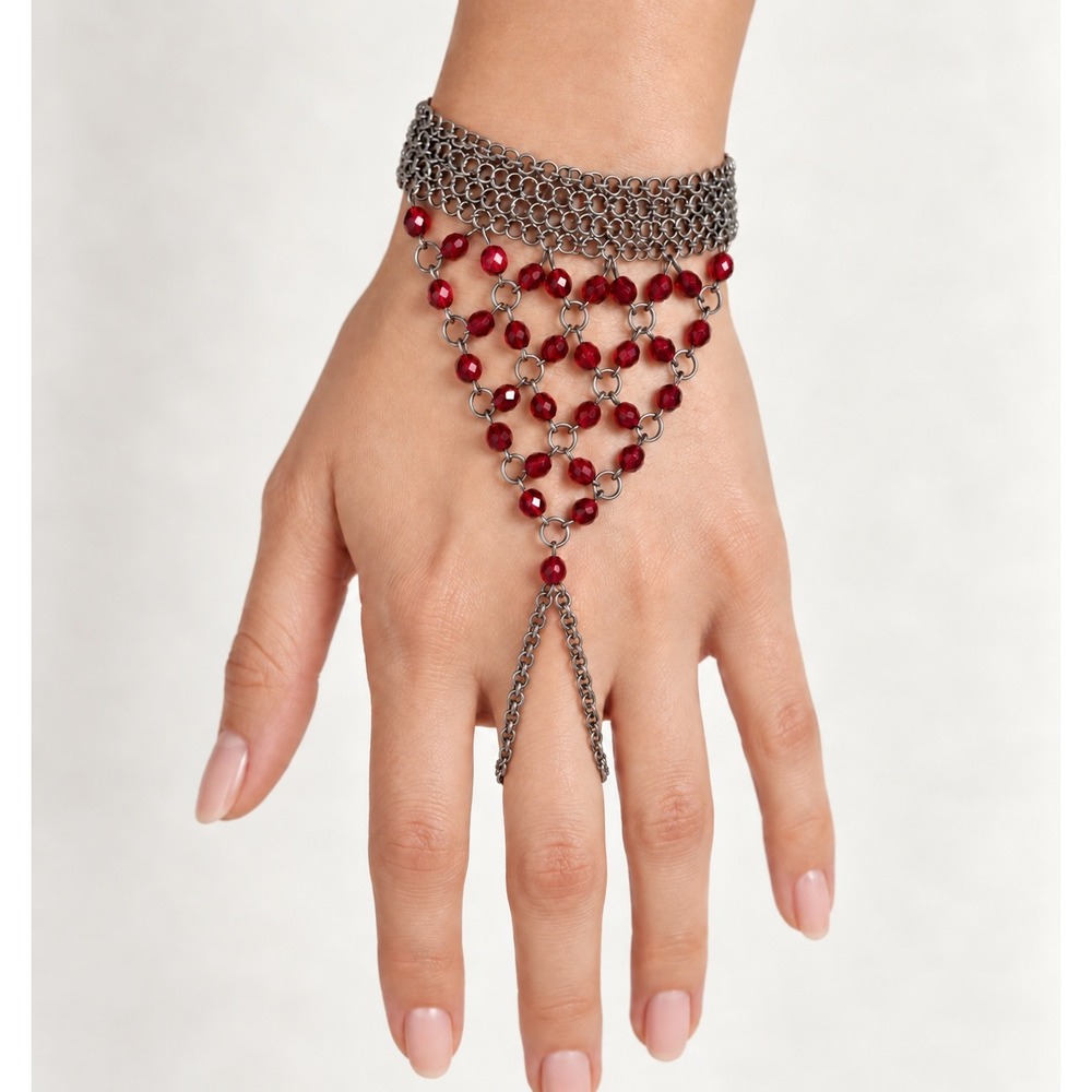 Red Beaded Chainmail Hand Drape Chain Slave Bracelet Gunmetal Tone